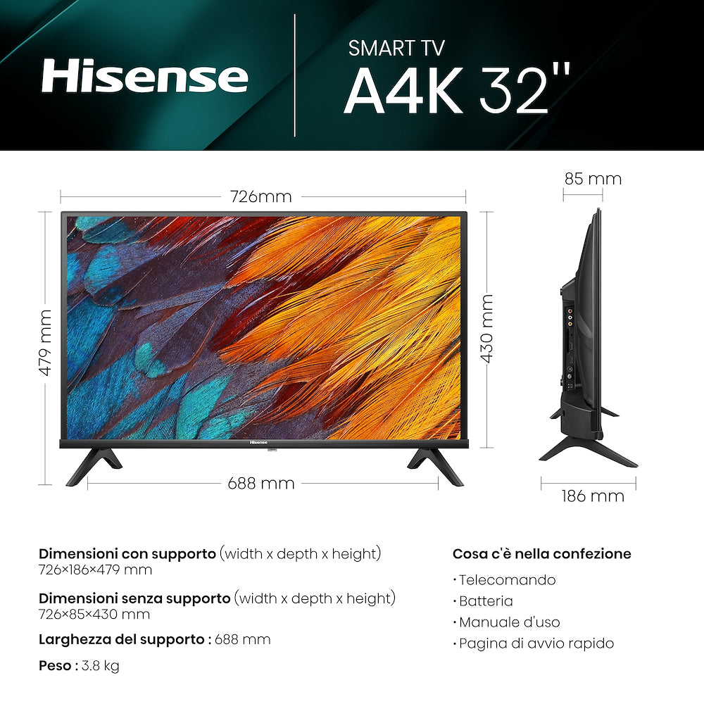 HISENSE TV LED 32"HD READY DVBT2/S2 SMART VIDAA mod. 32A49N