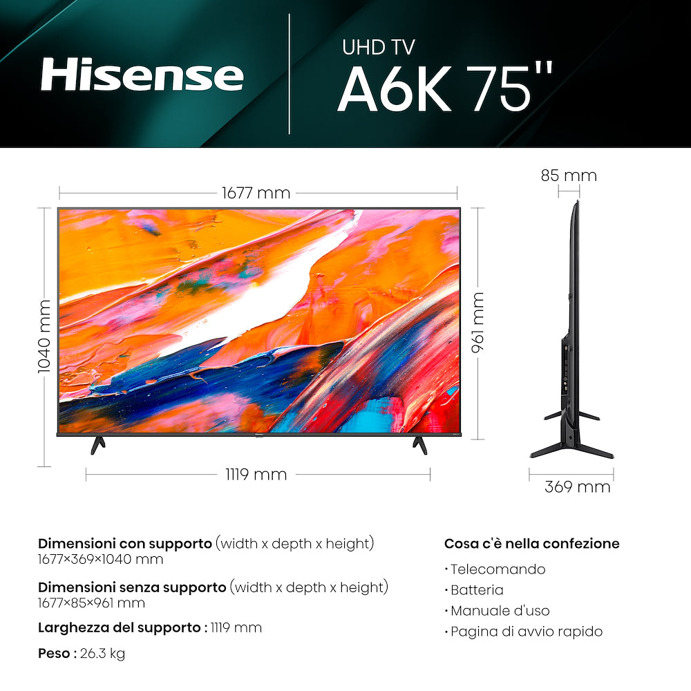 HISENSE TV LED 75"UHD 4K HDR10+ DVBT2/S2 SMART VIDAA mod. 75A69K