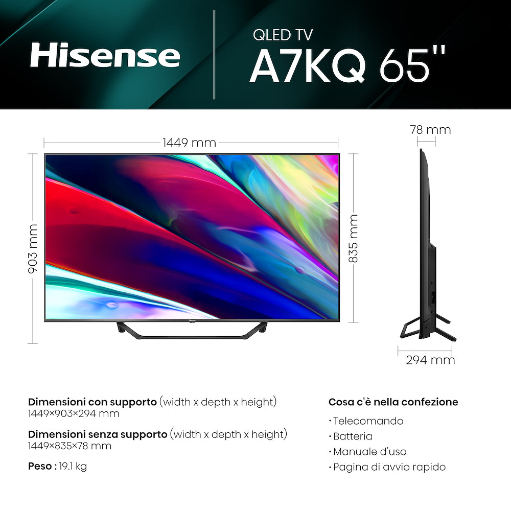 HISENSE TV QLED 65"UHD 4K HDR10+ DVBT2/S2 SMART VIDAA mod. 65A79KQ