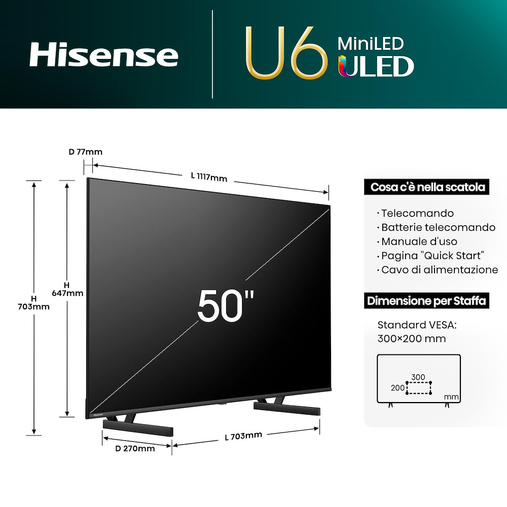 HISENSE TV MINILED ULED 50"UHD 4K DVBT2/S2 SMART VIDAA mod. 50U69NQ